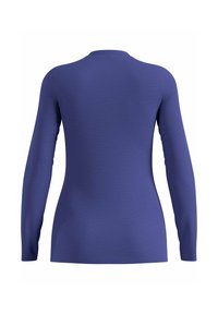 Long-sleeve top in solid purple, smooth texture, round neckline, fitted design, with minimal seams and no visible hardware.
