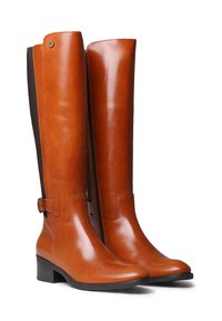 Bottes en cuir marron hautes avec une finition lisse, matériau sombre contrastant à l'arrière et une fermeture éclair sur le côté. Comprend un petit accent de boucle.