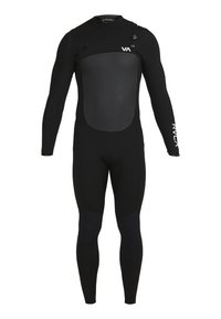 Black wetsuit with long sleeves and a fitted design. Smooth texture, featuring a light padded front panel and knee reinforcement patches.