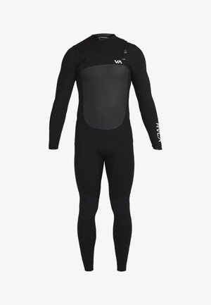 Black wetsuit with long sleeves and a fitted design. Smooth texture, featuring a light padded front panel and knee reinforcement patches.