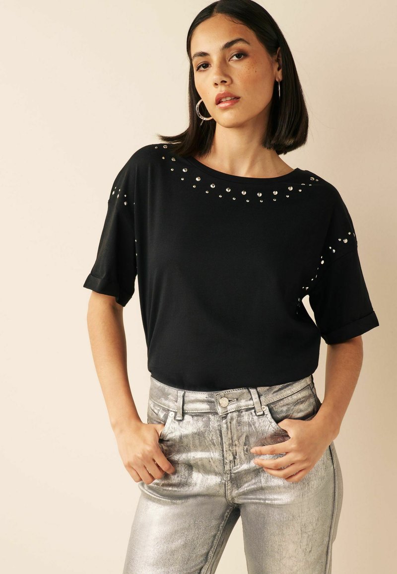 ONLY Onlsara S/S Stud CS Top Jrs - T-Shirt Donna Con Dettagli A Borchie, Manica Corta, Denim