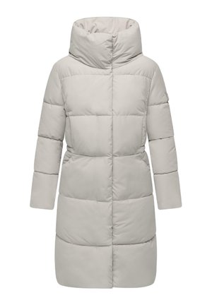 Ljusgrå puffjacka, knälång, med hög krage, kviltad design och långa ärmar. Slät textur med ingen synlig hårdvara.