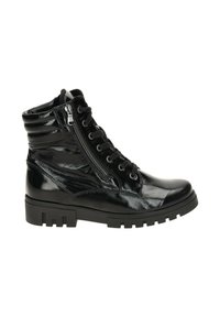 Black patent leather ankle boots with a chunky sole, lace-up front, and side zipper. Features textured panels at the ankle and flat laces.
