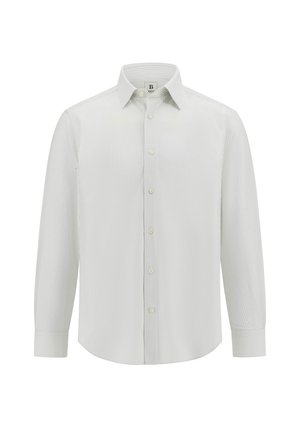 Light green, long-sleeve button-up shirt featuring thin vertical stripes, a classic collar, and a rounded hem. Soft, smooth fabric texture.
