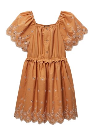 Robe couleur rouille avec manches bouffantes, boutons devant, taille froncée et broderie florale blanche sur les manches et l'ourlet.