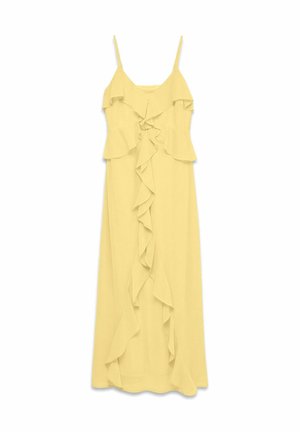 Robe maxi jaune sans manches avec fines bretelles et détails de volants en cascade sur le devant et autour du corsage.