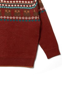 Roter Wollpullover mit einem Eulenmuster in Braun und Orange, mit türkisfarbenen und weißen Akzenten am Kragen und Saum.