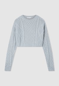 Maglione corto azzurro chiaro con motivi a trecce testurizzati e maniche lunghe, dotato di scollatura rotonda e orlo a coste.