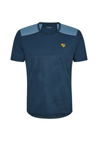 Námornícky modré športové tričko s svetlomodrým dizajnom na pleci, s textúrovaným vlnitým vzorom a malým žltým logom na hrudi.