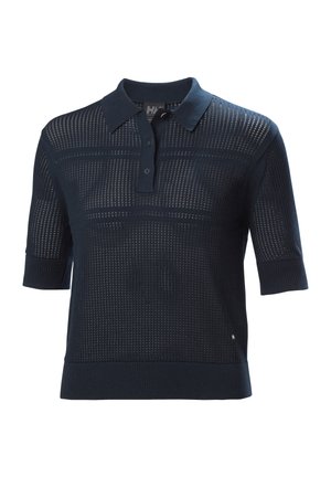Short-sleeve navy polo sweater featuring a textured, perforated design, with a buttoned collar and ribbed cuffs and hem.