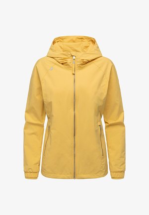 Gelbe Kapuzenjacke mit Frontreißverschluss, seitlichen Reißverschlusstaschen und elastischen Bündchen an den langen Ärmeln.