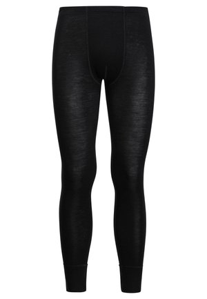 Leggings termici neri con una texture liscia, design aderente e vita elastica. Presentano cuciture piatte e una gamba affusolata.