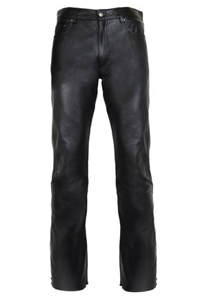 Zwarte leren broeken met een slim fit, voorzien van een vlakke voorkant, standaardzakken en gestikte details. Gladde textuur met een lichte glans.