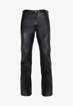 Black leather pants with a slim fit, featuring a flat front, standard pockets, and stitched detailing. Smooth texture with a slight sheen.