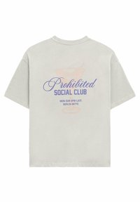 Grey short-sleeve t-shirt featuring a graphic print with "Prohibited Social Club" and a cocktail illustration in purple and light orange text.