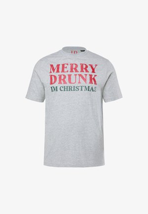 Gray cotton t-shirt with a round neckline. Front features bold red and green text: "MERRY DRUNK I'M CHRISTMAS." Short sleeves. No patterns.