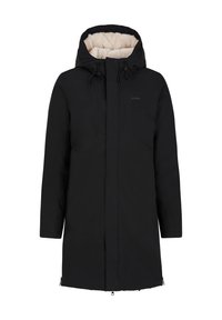 Parka noire avec une doublure en fausse fourrure, capuche et poches à fermeture éclair. Comprend un cordon de serrage au cou et une coupe droite.