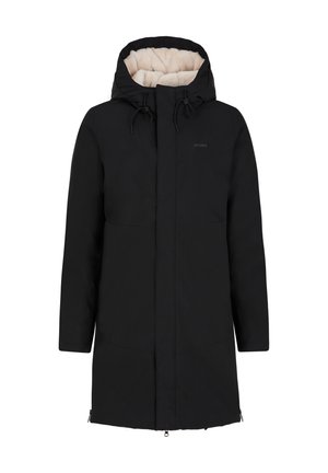 Black parka jacket with a faux fur lining, hood, and zippered pockets. Features drawstring at the neck and a straight cut design.