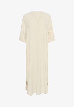 Lys beige tunika kjole med V-udskæring, trekvart lange opsmøgede ærmer og sideslids. Lavet af blødt, struktureret stof. Minimalistisk design.
