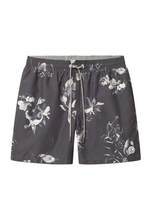 Pantaloni da nuoto floreali da uomo in grigio scuro con stampe botaniche bianche e grigio chiaro. Vita elasticizzata con cordoncino regolabile e logo laterale.