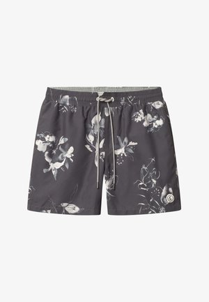Pantaloni da nuoto floreali da uomo in grigio scuro con stampe botaniche bianche e grigio chiaro. Vita elasticizzata con cordoncino regolabile e logo laterale.