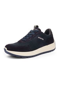 Dark blue athletic shoe with mesh and suede upper, white sole, navy laces, and Gore-Tex branding on the side.