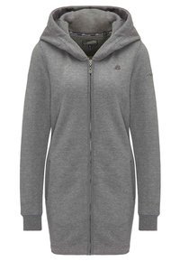 Grijze zip-up hoodie jurk met een ruime capuchon, lange mouwen, zijzakken en subtiele logo-details op de borst en mouw. Zachte stoftextuur.