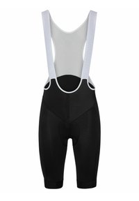 Schwarze Radsport-Bib-Shorts aus strukturiertem Material, mit weißen elastischen Trägern und einem gepolsterten Sitzbereich für Komfort.