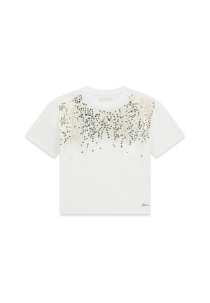 T-shirt blanc à manches courtes avec col rond, décoré de paillettes argentées et dorées dispersées sur le haut devant.