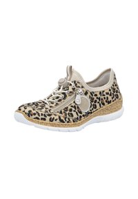 Sneaker con stampa leopardata, superiore in tela beige, suola bianca, cerniera decorativa e sistema di allacciatura con cordino. Accento in sughero testurizzato sulla suola.