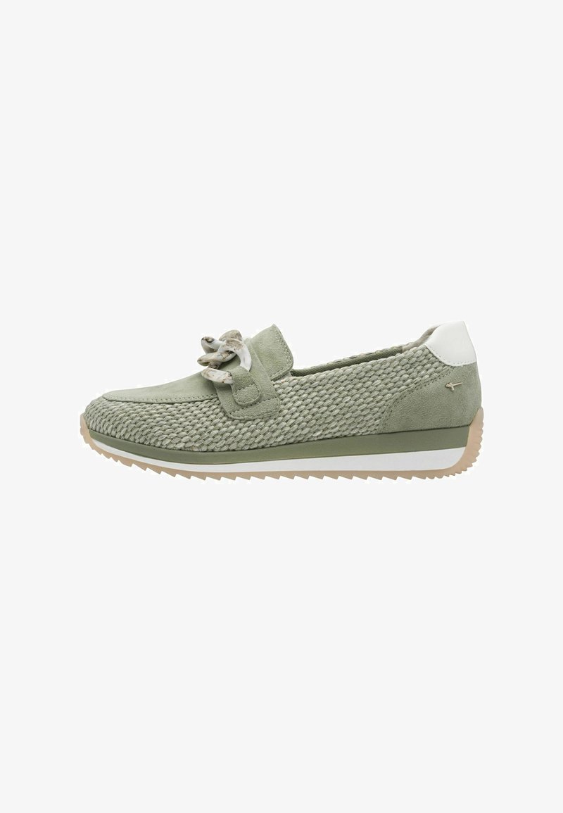 Chaussure slip-on en daim vert et textile tissé, avec un bout arrondi, des lacets décoratifs et une semelle texturée blanche et verte.