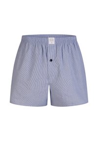 Modré a bílé pruhované boxerky vyrobené z měkké bavlny. Elastický pas s malým knoflíkem vpředu. Jednoduchý design bez dalších akcentů.