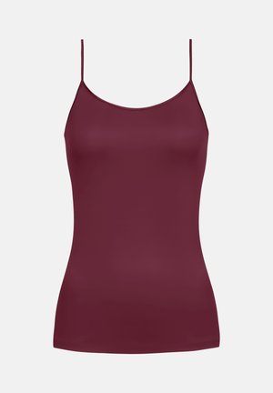 Camisola bordeaux realizzata in tessuto morbido, con sottili spalline regolabili e un classico scollo a barca. Senza motivi o decorazioni.