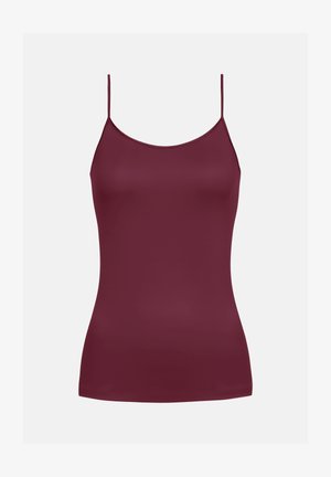 Bordeaux kleurige camisole van gladde stof, met dunne verstelbare spaghettibandjes en een klassieke ronde halslijn. Geen patronen of versieringen.