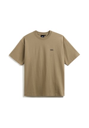 Kortærmet khaki t-shirt lavet af bomuld, med en rund halsudskæring og et lille sort "VANS" logo på forsiden. Glat tekstur, almindelig pasform.