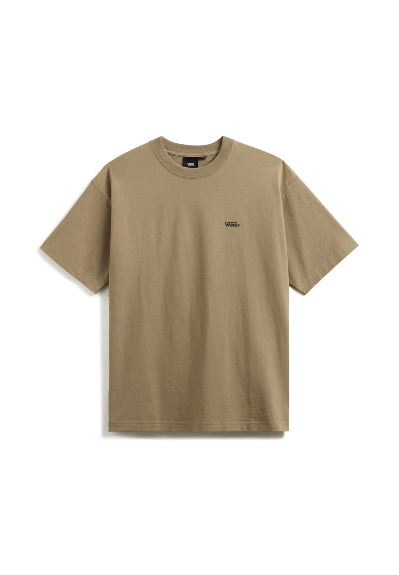 Kortærmet khaki t-shirt lavet af bomuld, med en rund halsudskæring og et lille sort "VANS" logo på forsiden. Glat tekstur, almindelig pasform.