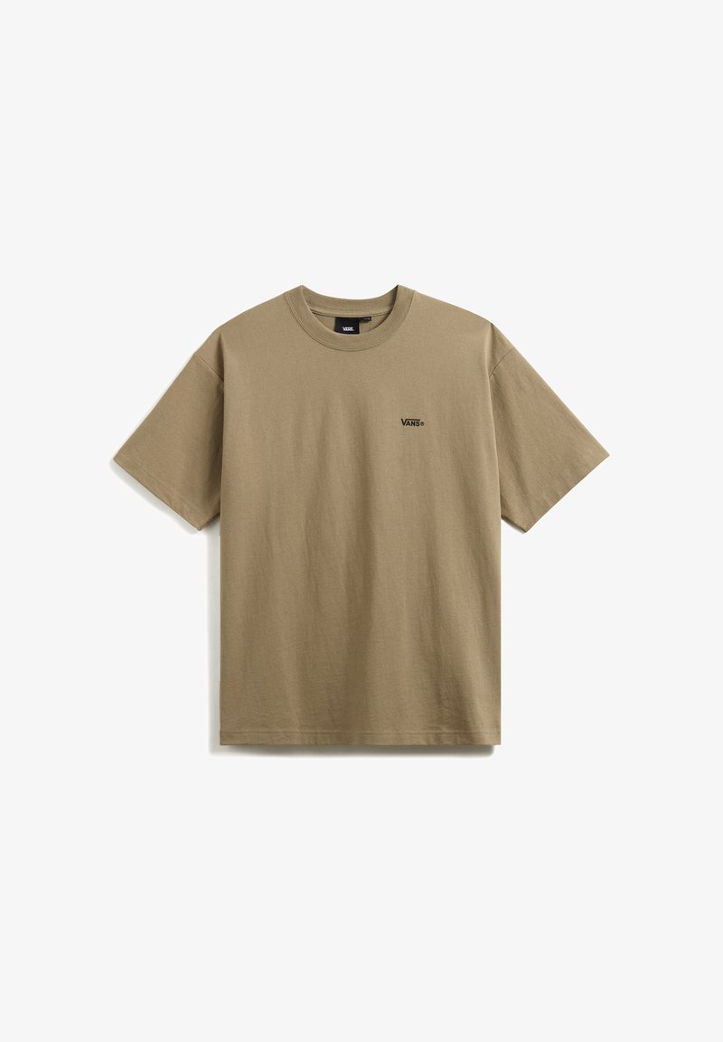 Kurzärmliges khakifarbenes T-Shirt aus Baumwolle mit Rundhalsausschnitt und kleinem schwarzen "VANS"-Logo auf der Vorderseite. Glatte Textur, normale Passform.