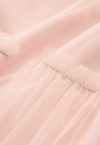 Tessuto di tulle rosa con morbide pieghe, caratterizzato da un bordo in filo argentato. Leggero e trasparente con un design stratificato e fluente.