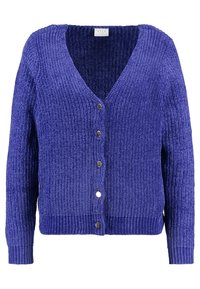 Fialový pletený cardigan s hlubokým výstřihem do V, dlouhými rukávy a šesti stříbrnými knoflíky vpředu; po celé ploše ribovaná textura.