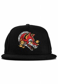 Black cap featuring an embroidered red and white wolf design with yellow accents. Flat brim and textured fabric.