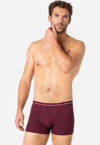 Boxer-culottes bordeaux en matériau doux avec un design ajusté. Équipés d'une taille élastique à logo et d'un détail d'ouverture à l'avant.