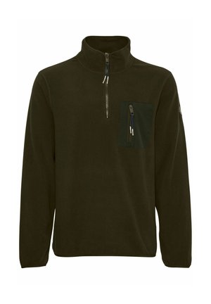 Dark green fleece pullover with a high collar, zip front, and a contrasting pocket. Features ribbed cuffs and a relaxed fit.