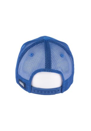 Blaues Netz-Trucker-Cap mit einer soliden Vorderseite, verstellbarem Snapback-Verschluss und Belüftungslöchern für Atmungsaktivität.