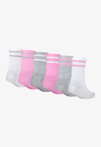 Sei paia di calzini in bianco, grigio e rosa, con modelli a righe a contrasto sulla parte superiore. Realizzati in tessuto morbido e elasticizzato.