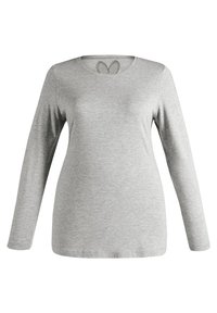 Pitkähihainen harmaa paita, valmistettu pehmeästä kankaasta, jossa on pyöreä pääntie ja perhosen kuvio selkäpuolella. Yksinkertainen ja sileä pinta.