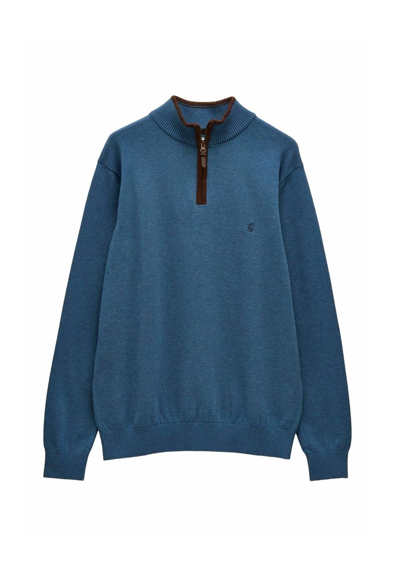Zils džemperis ar rāvējslēdzēju un ribotu apkakli un aprocēm, izgatavots no mīksta auduma. Brūna rāvējslēdzēja detaļa centrā.