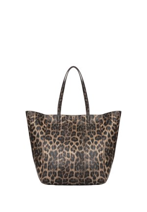 Grote shopper met luipaardprint en twee dunne handvatten, gemaakt van gestructureerd leer.