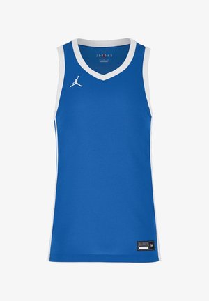Niebieska bezrękawnikowa koszulka do koszykówki z białym wykończeniem, białym logo Jumpman na prawym biuście oraz metką rozmiaru na dolnym lewym brzegu.