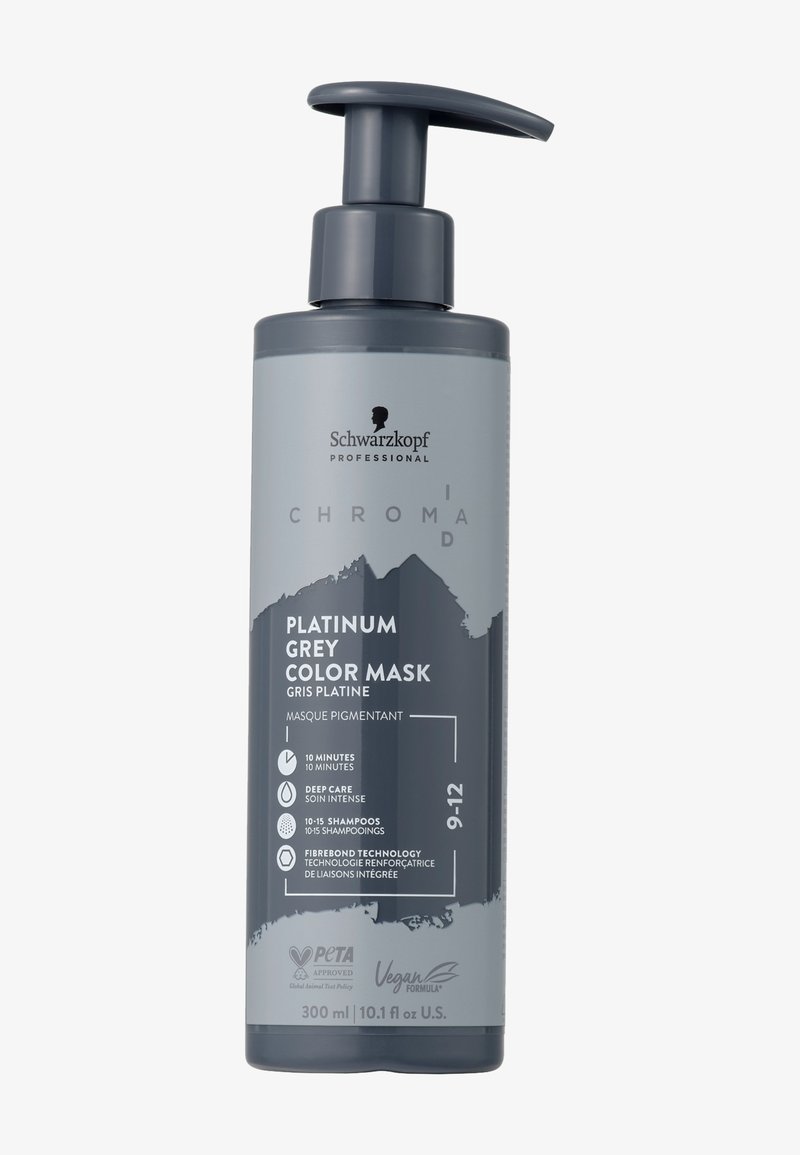 Masque de couleur Gris Platine Schwarzkopf Professional dans une bouteille grise de 300 ml avec pompe. Présente une finition mate et un design minimaliste avec des détails textuels.