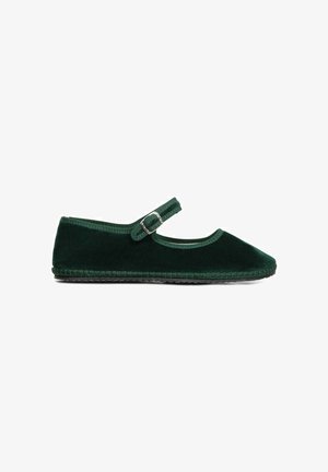 Mary Jane flat verde in velluto con una sola fascia e fibbia, punta arrotondata e dettaglio bordato, dotata di suola texture per una buona aderenza.